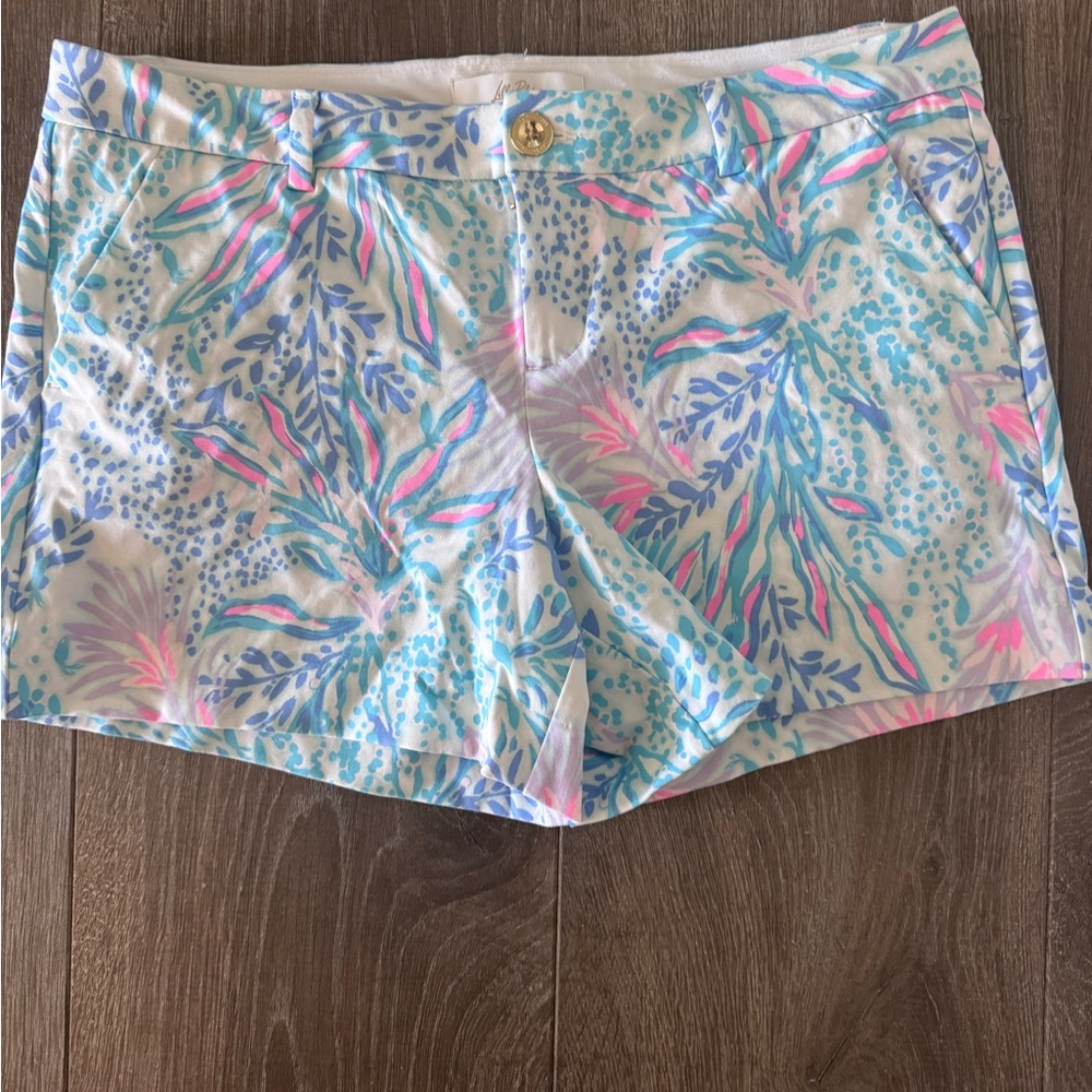 Lilly Pulitzer White Floral-Print  Shorts with Blue & Pink Accents